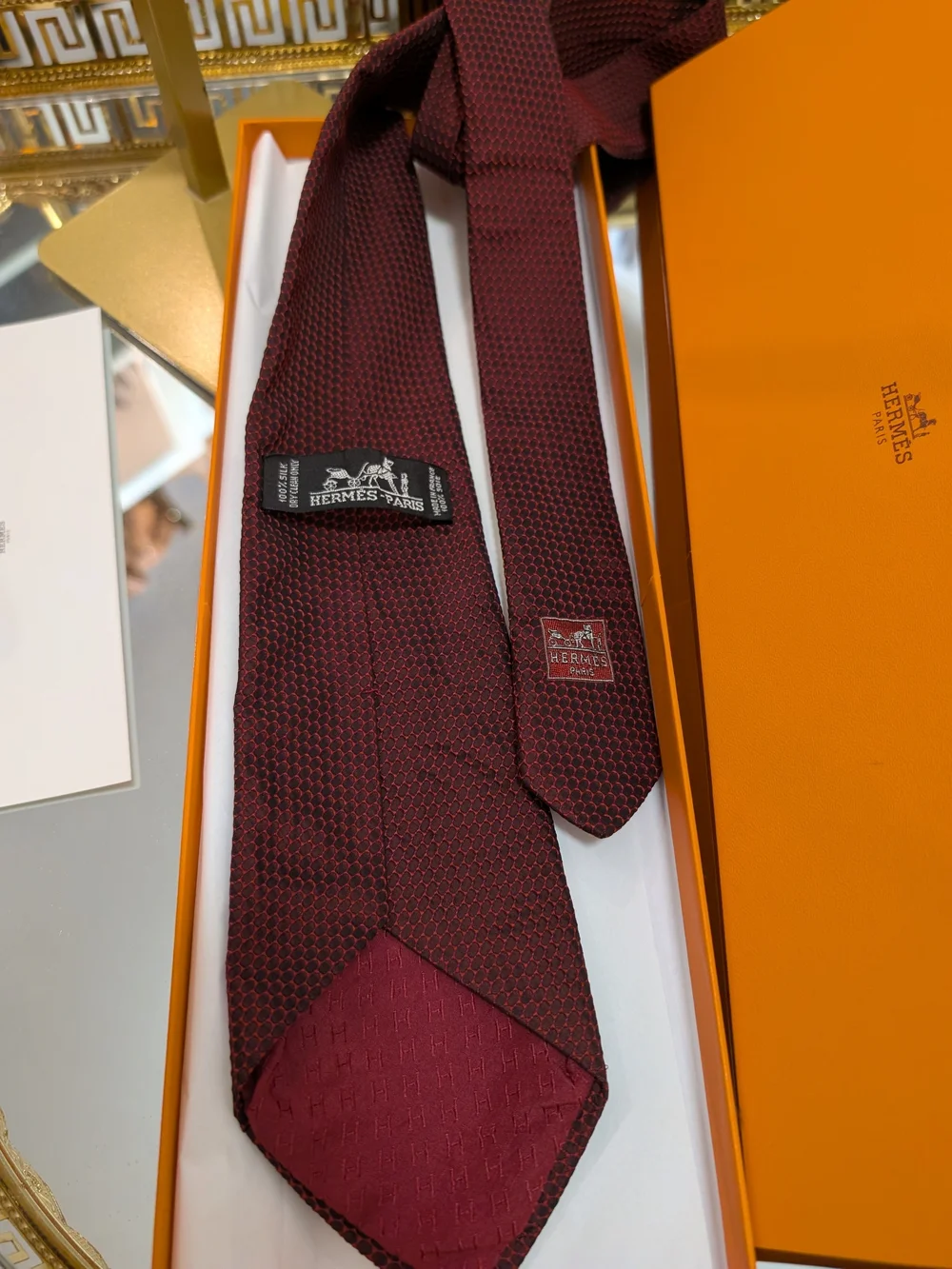 Hermes Men's Deep Burgundy Textured Silk Tie